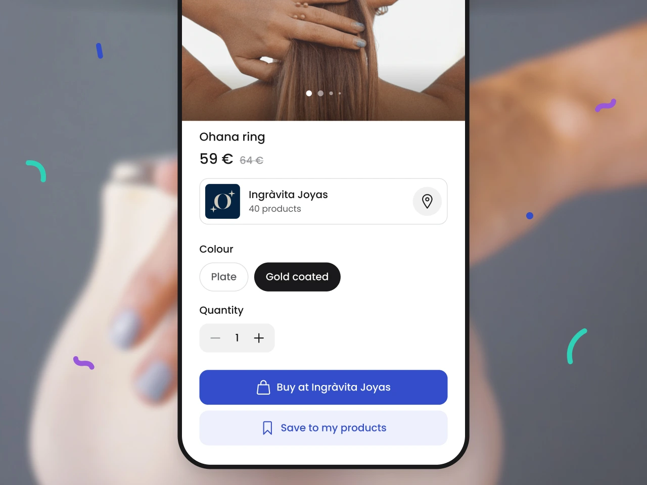 Mobile screen showing Ohana ring product page with price, brand Ingràvita Joyas, color options, quantity selector, and buy button.