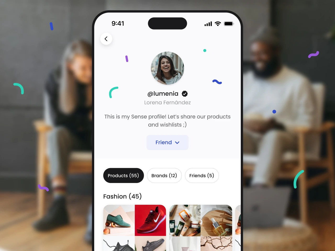 Mobile screen showing a social profile @lumenia belonging to Lorena Fernández with product, brand, and friend tabs and a grid of fashion items.