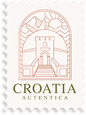 A simple illustrated stamp design with a tower, mountains, and the text “Croatia Autentica.”