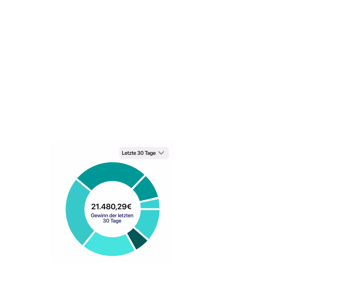 Circular chart showing a total profit of 21,480.29 euros over the last 30 days with segmented colored sections.