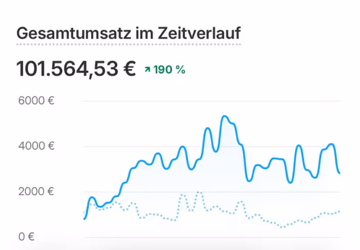 Line graph showing total revenue over time with a value of 101,564.53 euros and a 190% increase, featuring a solid blue line trending upward and a dotted line below it.