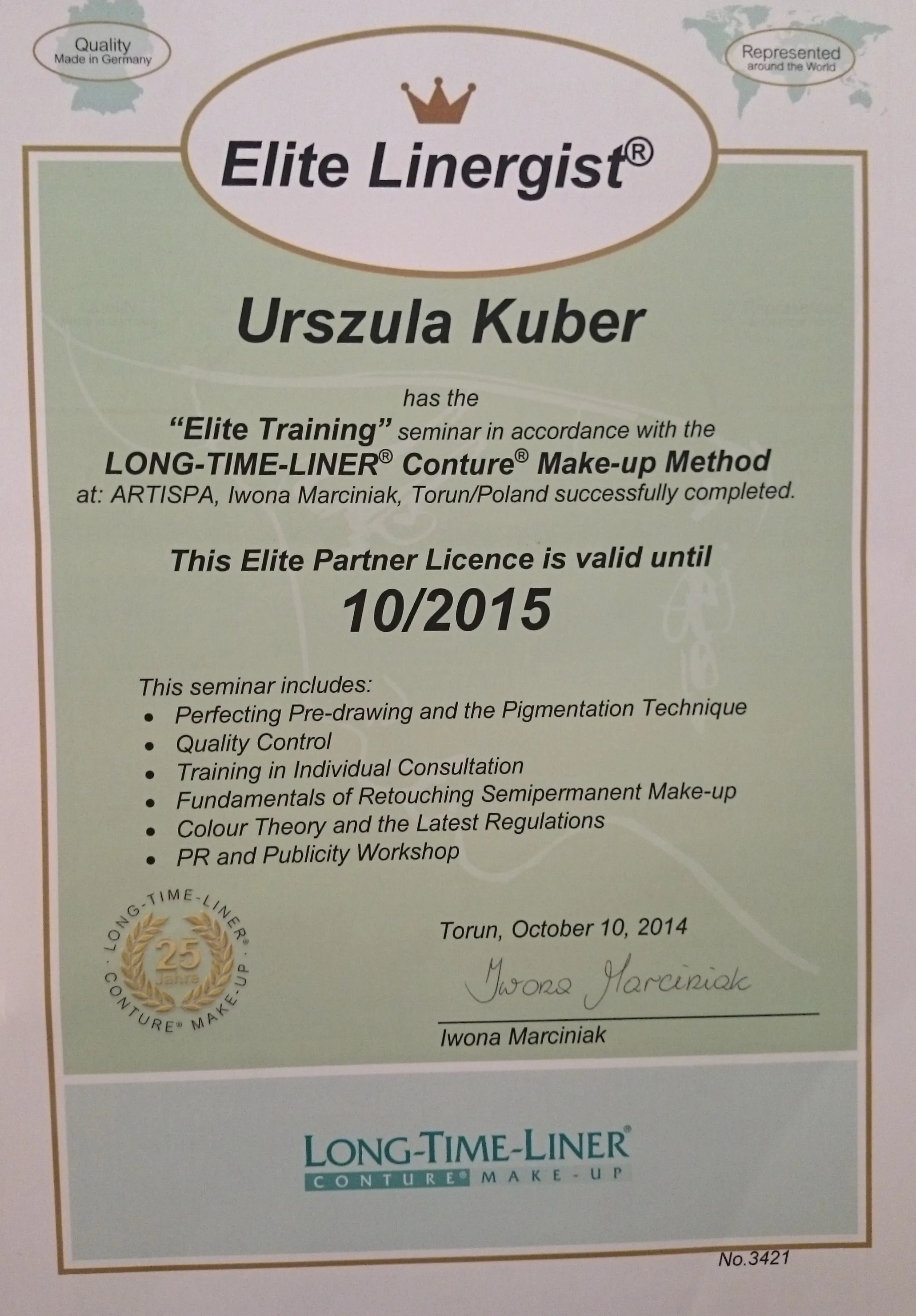 Urszula Kuber's Elite Linergist certification from the Long-Time-Liner Conture Make-up training