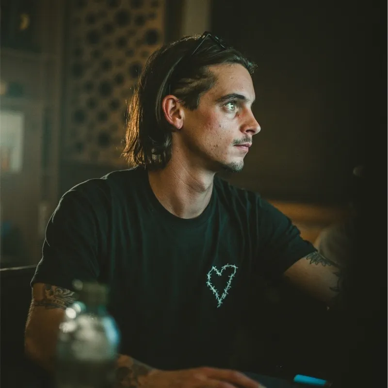 Jeune homme aux cheveux mi-longs portant un t-shirt noir avec un dessin de cœur en fils barbelés, regardant vers la droite dans une pièce sombre.