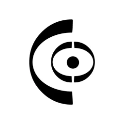 Logo abstrait en noir représentant un œil stylisé avec des formes circulaires et courbes.