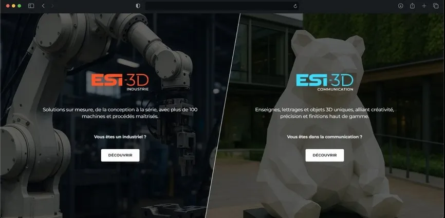 Page web divisée en deux parties : à gauche, un bras robotique avec le logo ESI 3D Industrie et un bouton « Découvrir » ; à droite, une statue d'ours polygonale avec le logo ESI 3D Communication et un bouton « Découvrir ».