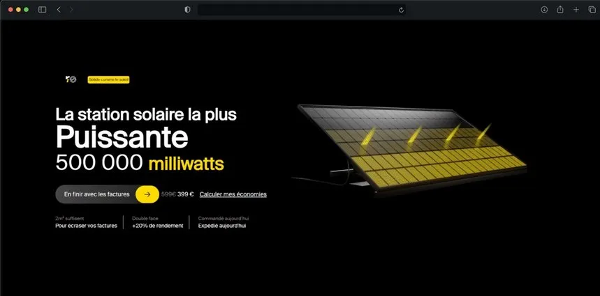 Station solaire puissante affichant 500 000 milliwatts avec image d'un panneau solaire incliné sur fond noir.