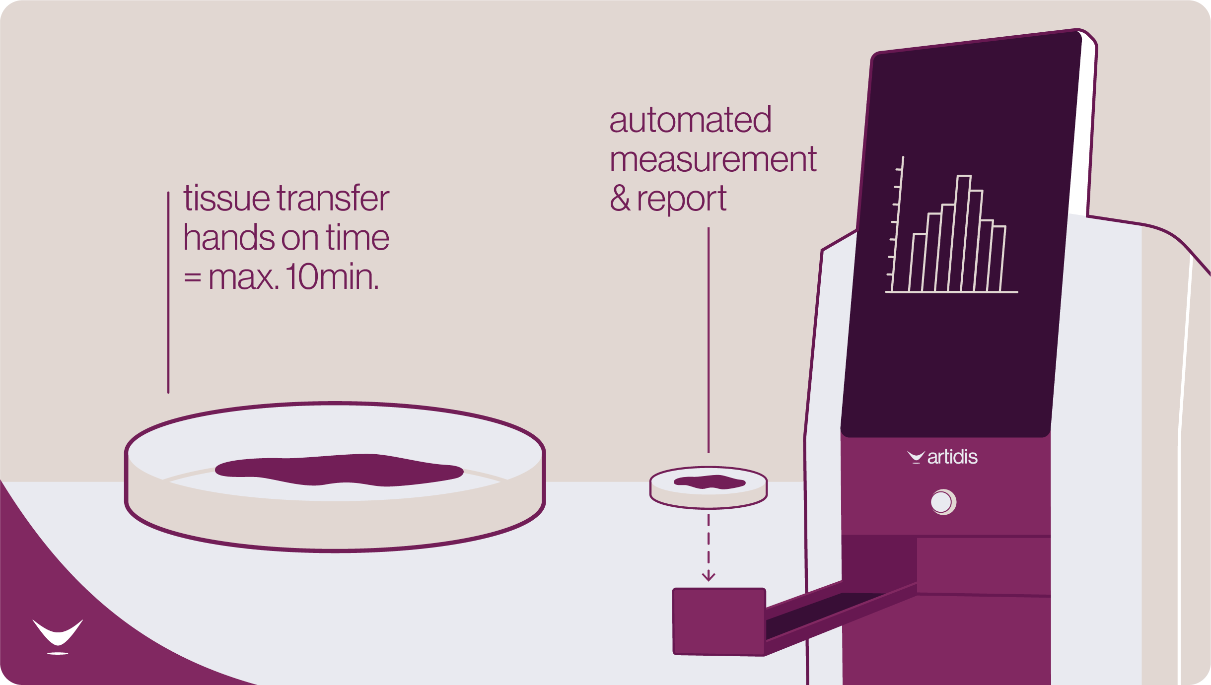 Illustration showing tissue transfer in a petri dish with a maximum 10-minute hands-on time and a device performing automated measurement and reporting with a bar graph on screen.
