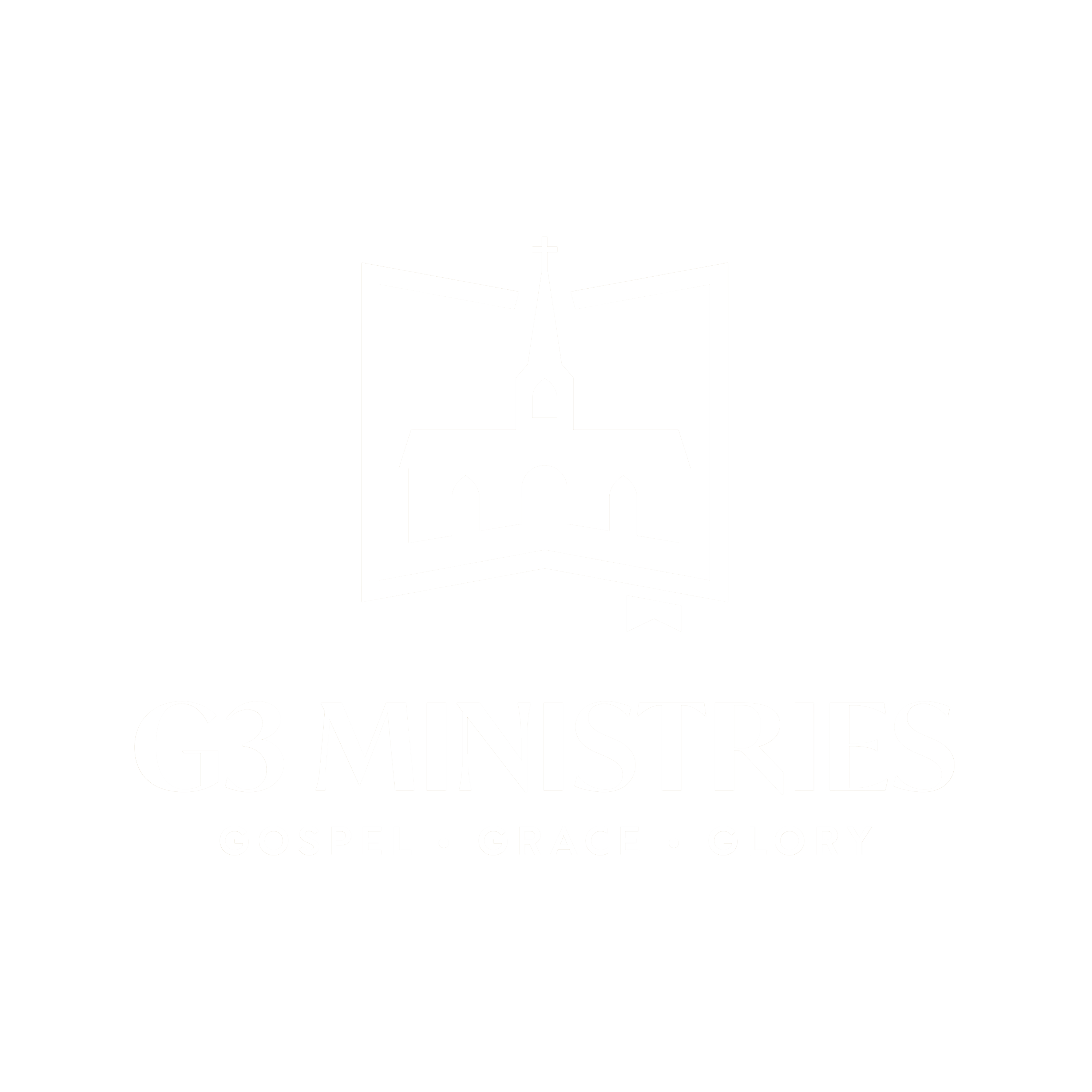 Logo of G3 Ministries featuring a church with a cross inside an open book icon above the text 'G3 Ministries' and the tagline 'Gospel · Grace · Glory' on a transparent background.
