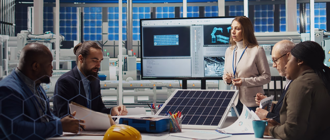 A group of engineers discussing solar panel designs and data in a modern industrial workspace.