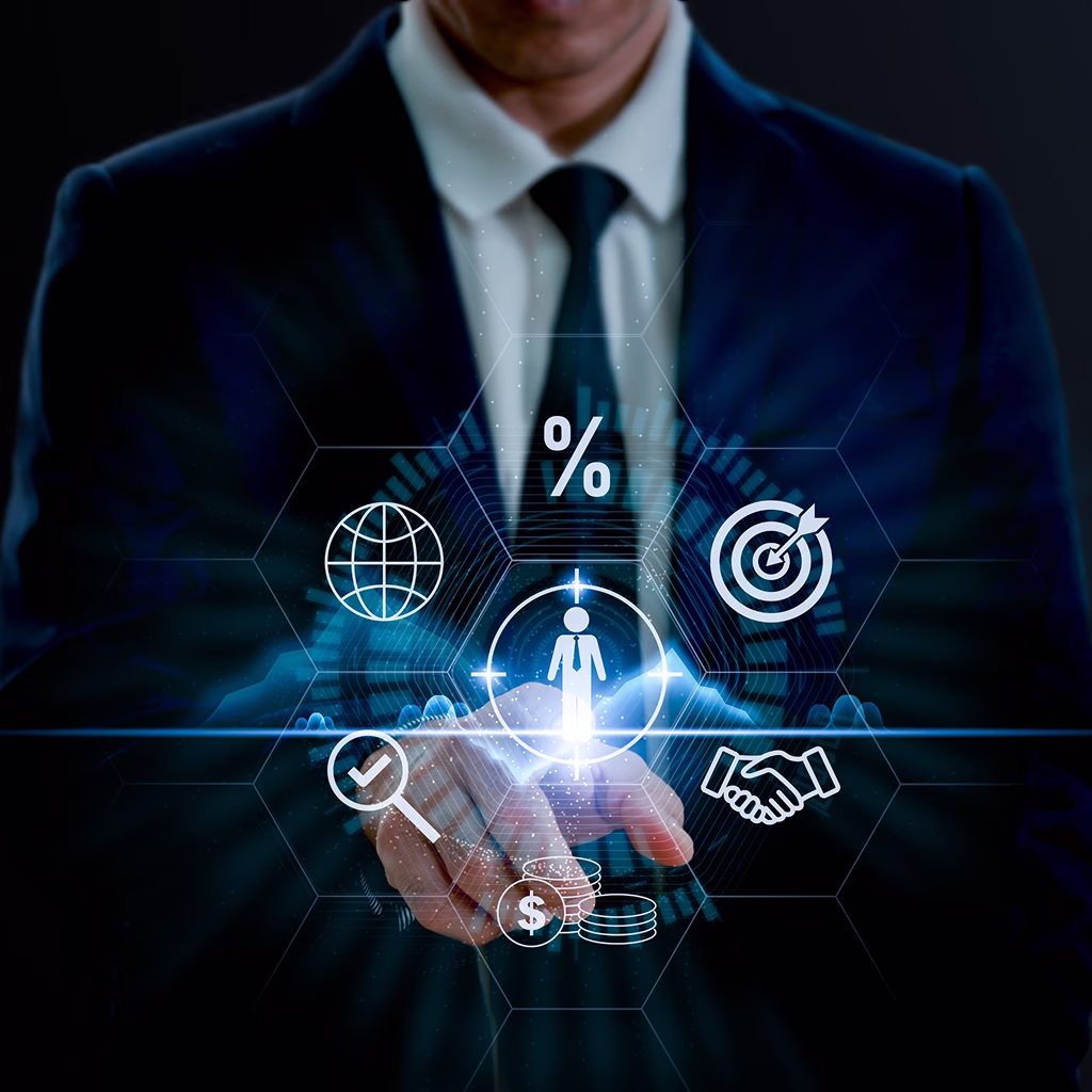 Businessman in suit pointing at digital interface with icons of finance, global network, target, handshake, and verification.