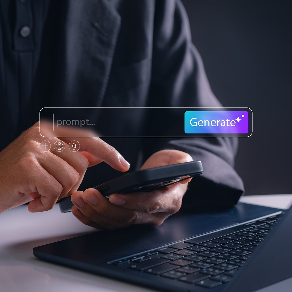 Person using smartphone with a laptop nearby and a translucent search bar overlay showing a 'Generate' button.