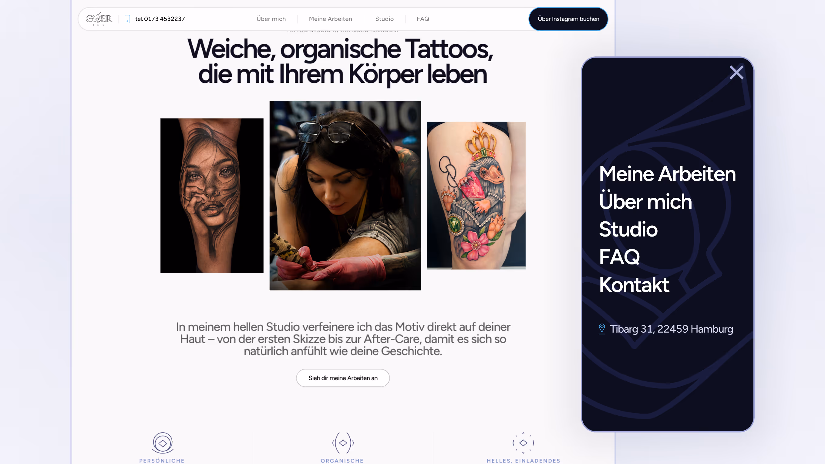 Hero section of the Giger Ink website on desktop and expanded mobile menu