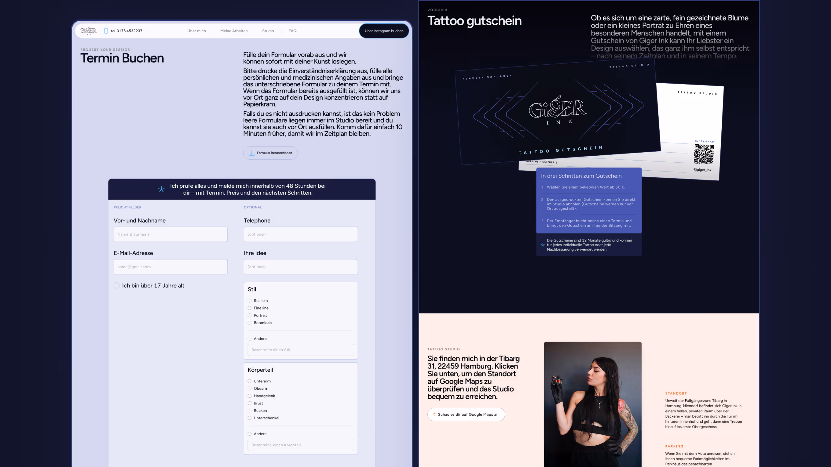 Website section for Giger Ink showing the contact form, voucher area, and studio location details