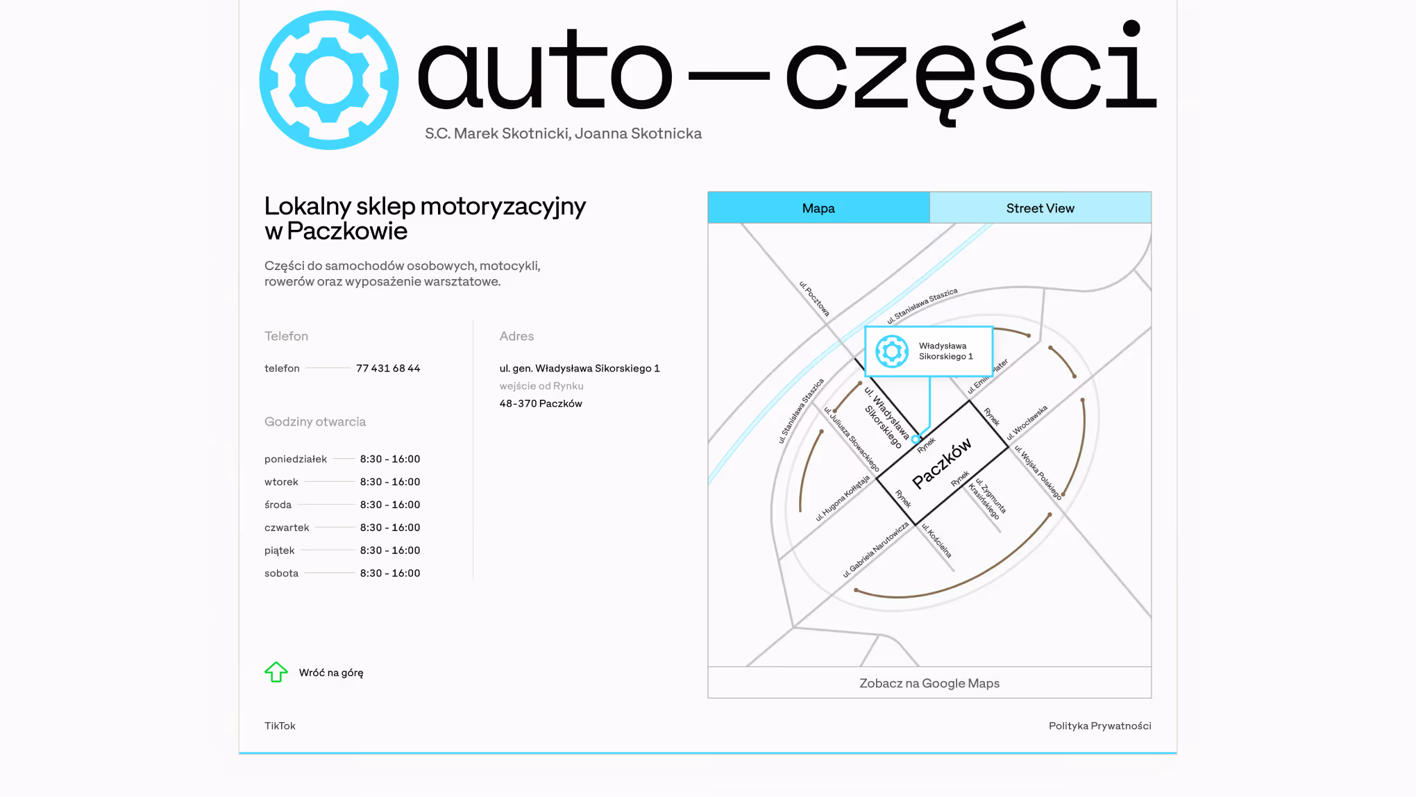 Desktop view of the Auto-Części footer with contact details, opening hours, and store information