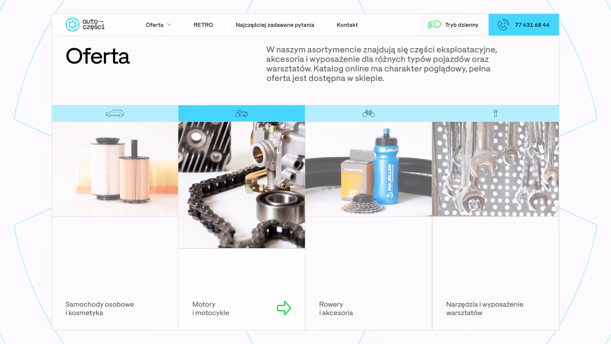 Offer section of the Auto-Części homepage showing four main categories: passenger cars, motorcycles, bicycles, and workshop tools
