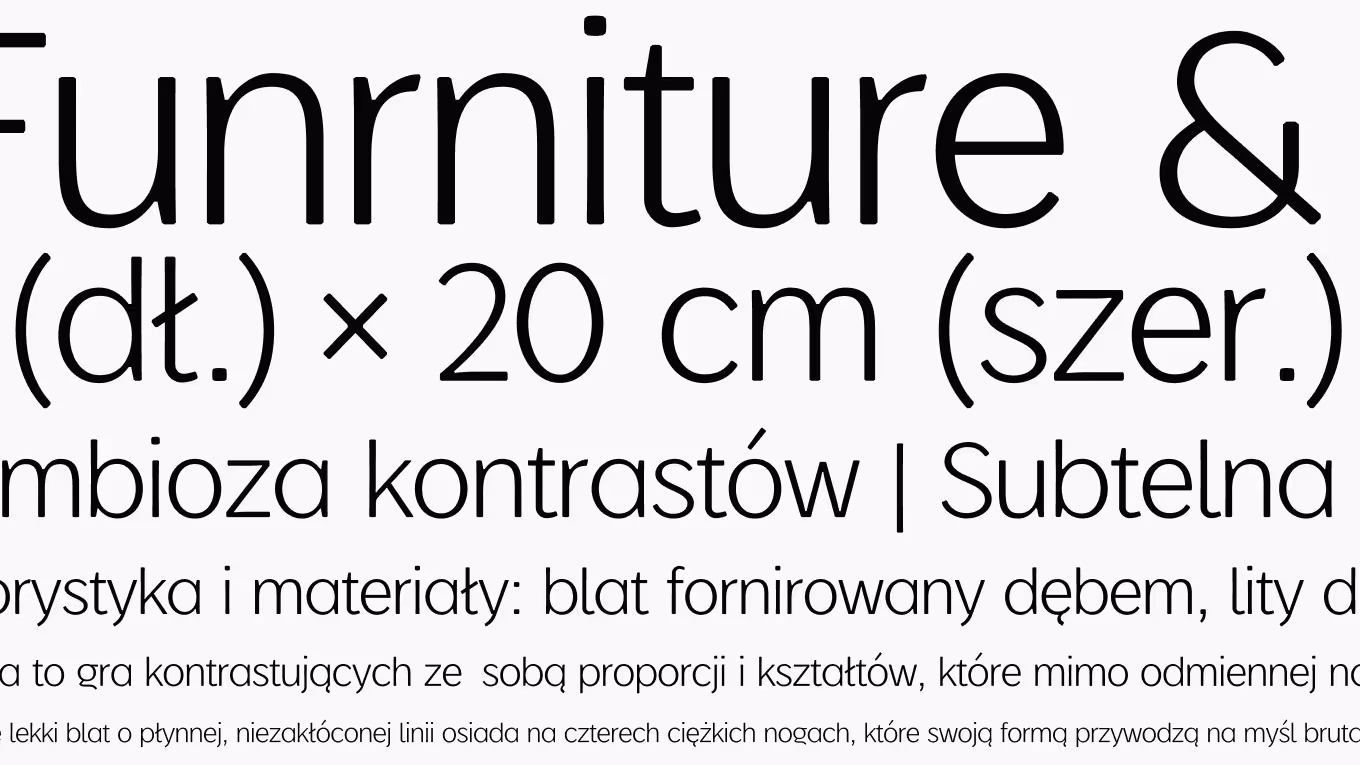 Showcase of the custom FUNA typeface across different sizes, featuring technical descriptions and sample words from the brand's catalogue