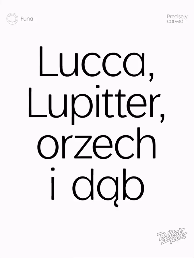 Product and material names set in the custom FUNA typeface — Lucca, Lupitter, orzech, and dąb — showing how the letters carry across the catalogue