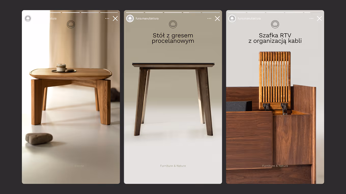 FUNA Instagram stories templates adapted from post covers, featuring Pangea, Pagoda, and Modular RTV with the model titles displayed on the last two
