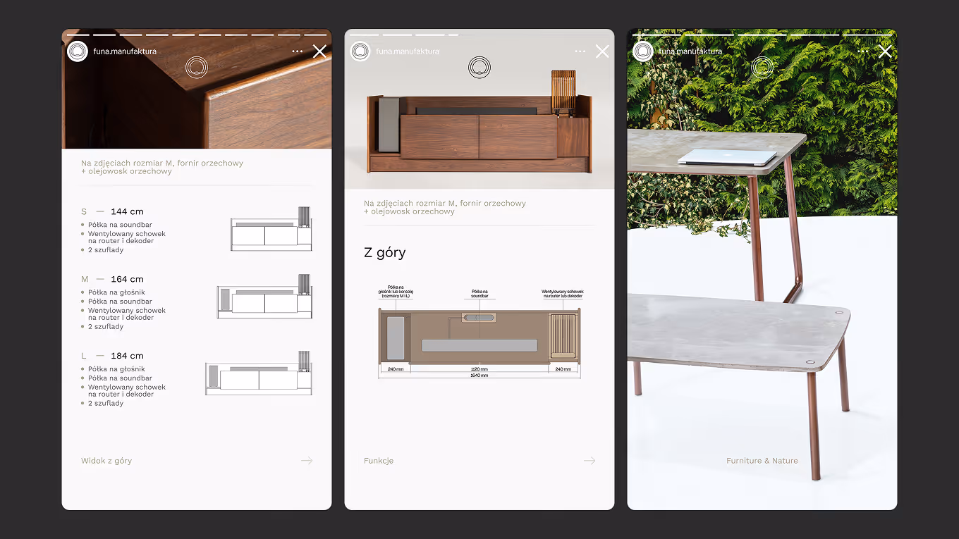 FUNA Instagram stories with technical drawings and descriptions of the Modular RTV system, alongside an early furniture with concrete tops photographed against a backdrop of clematis flowers