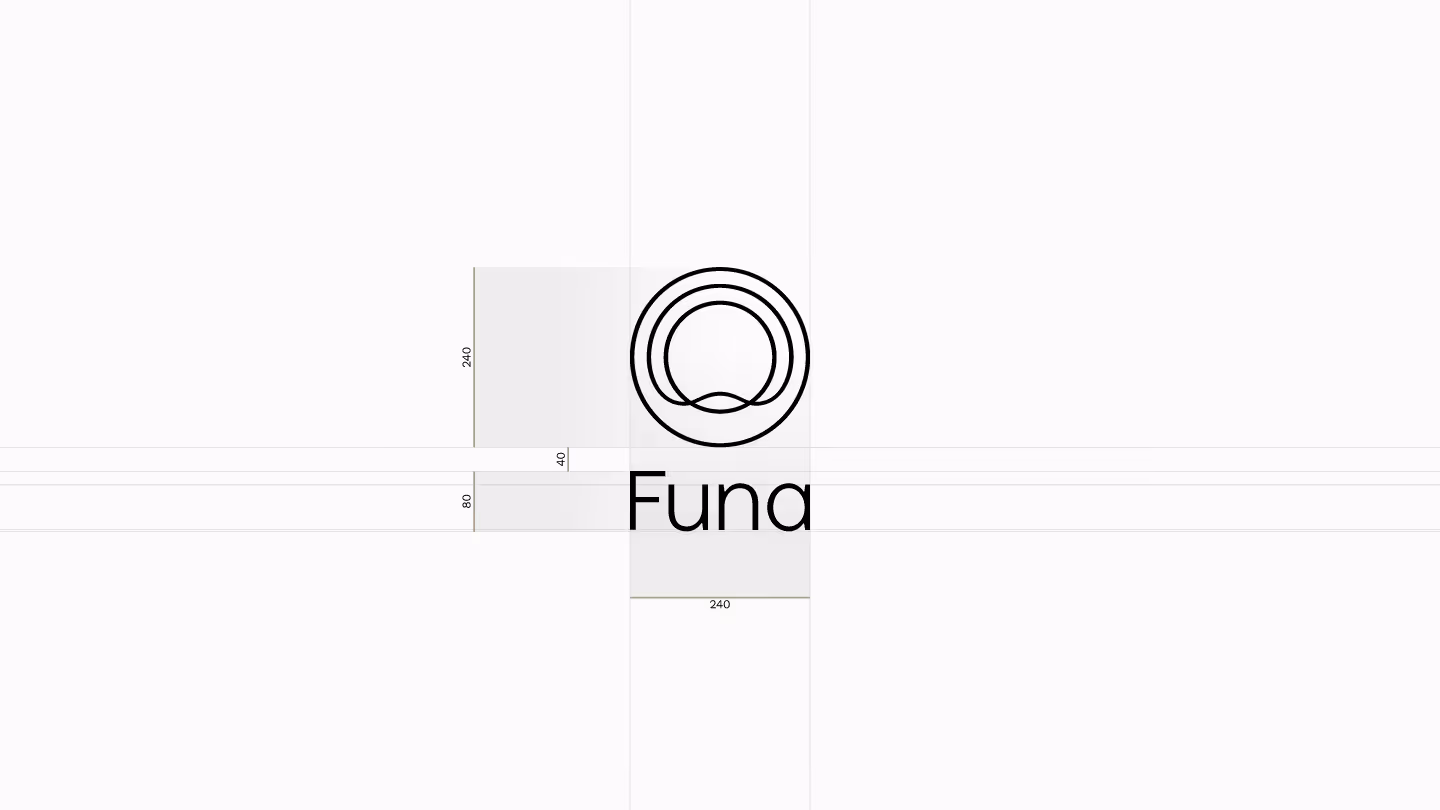 FUNA logo construction with proportional guides drawn over the full mark in vertical layout