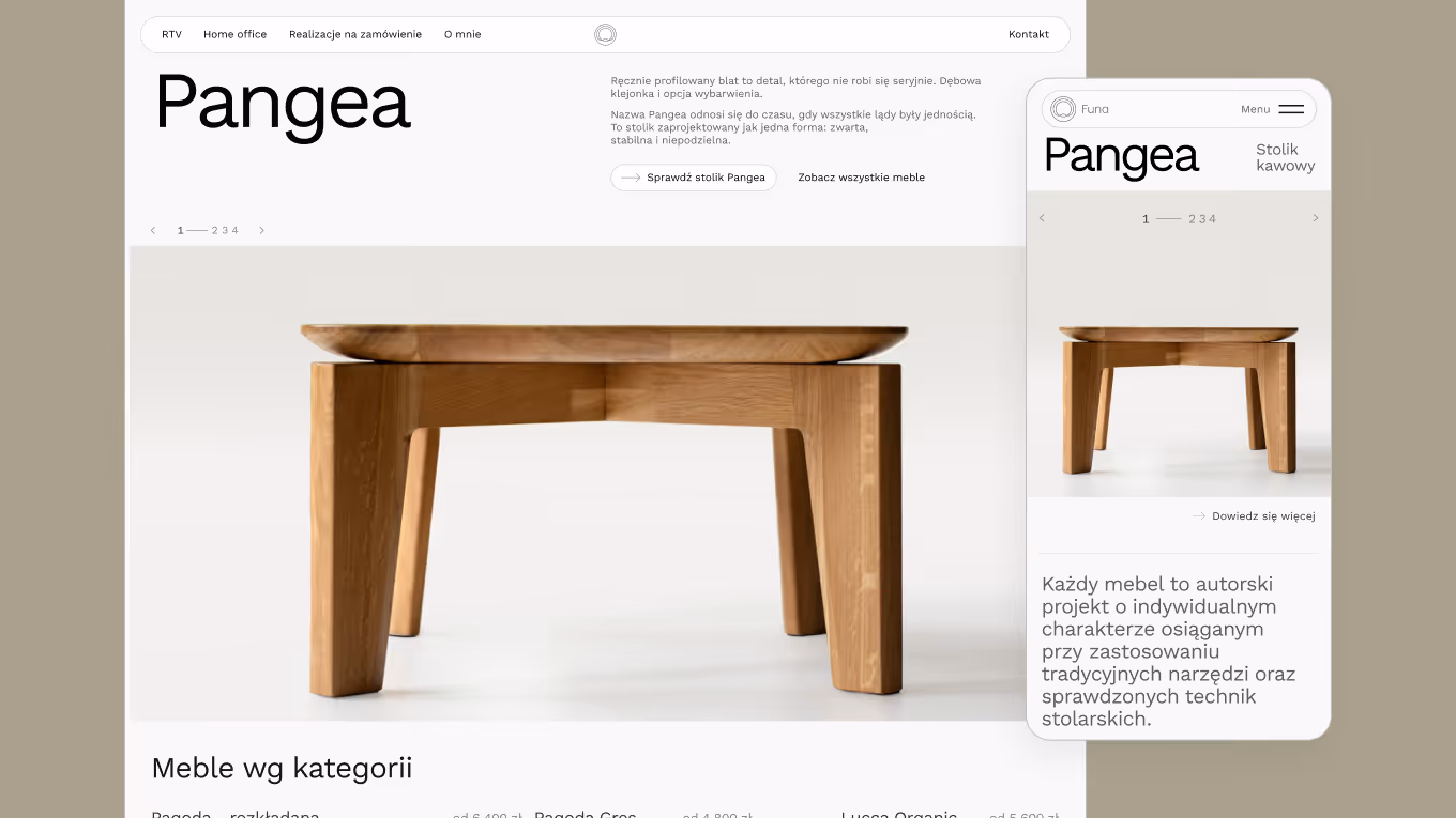 Hero section of the FUNA website shown on desktop and mobile, opening with the Pangea coffee table and the FUNA logotype with main navigation