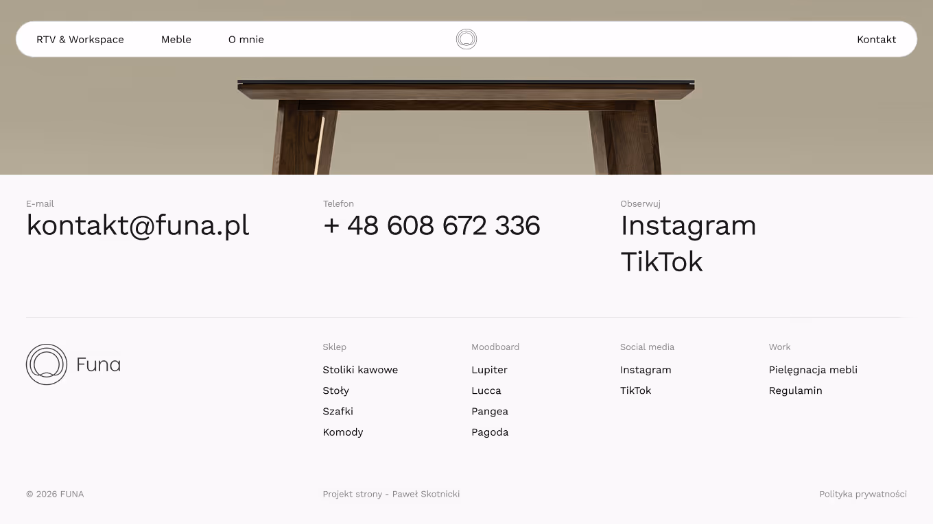 Footer of the FUNA website on desktop with contact details, social media links, and navigation