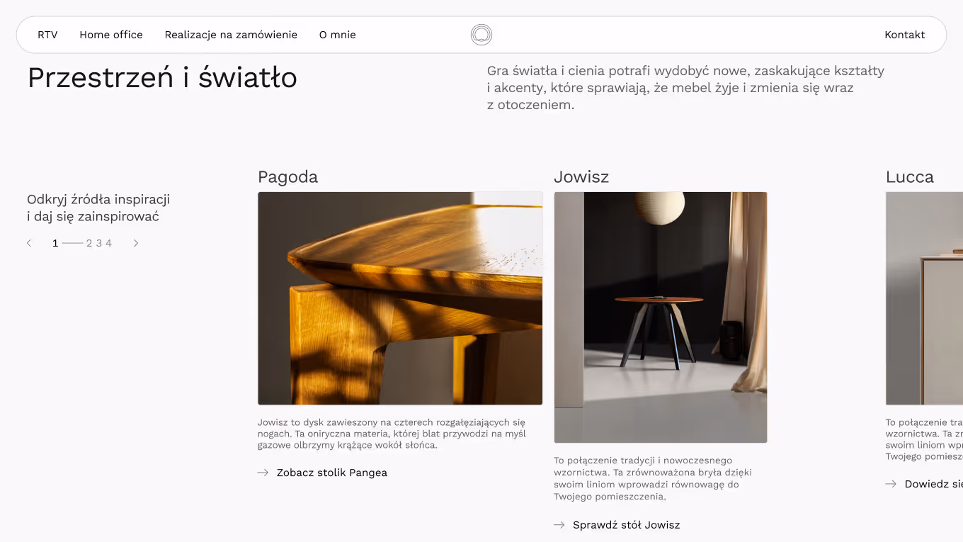 "Przestrzeń i światło" section of the FUNA website shown on desktop, presenting the furniture line with product cards and short notes