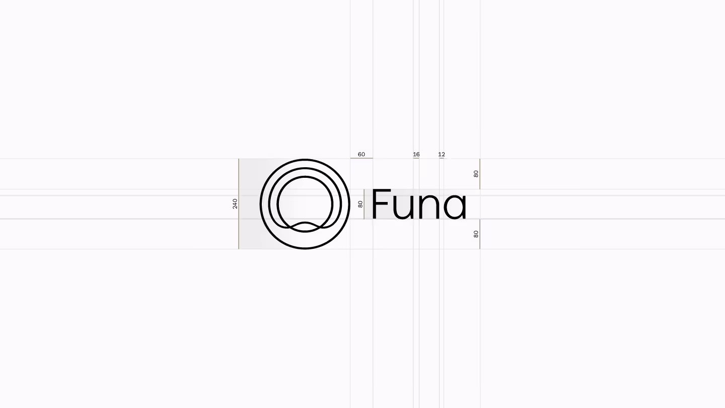Construction grid for the FUNA logo showing the geometric system behind the overlapping curves of the synergy mark in horizontal layout