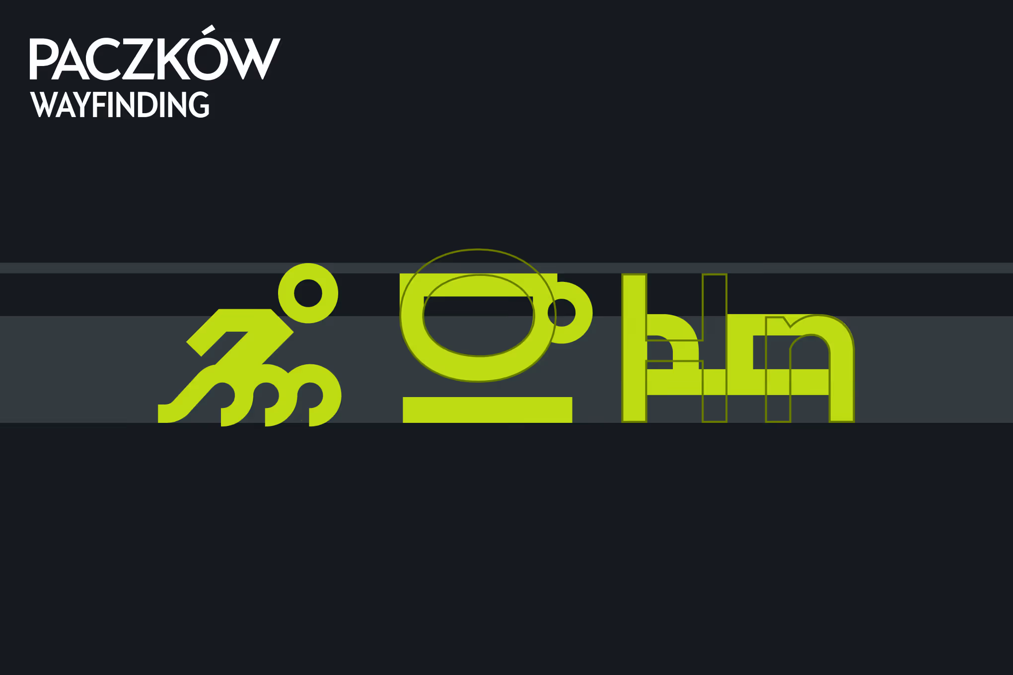 Paczków pictogram: construction grid showing icons alongside custom letterforms designed for wayfinding