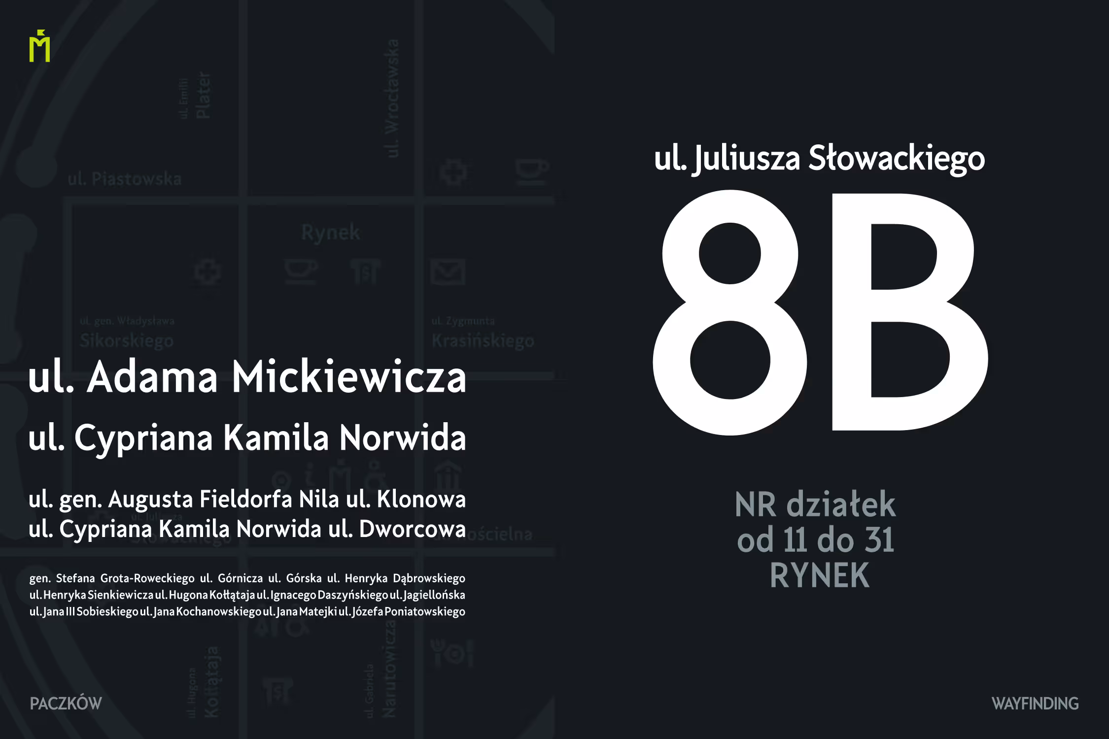 Paczków Wayfinding — condensed letterforms applied to street sign examples