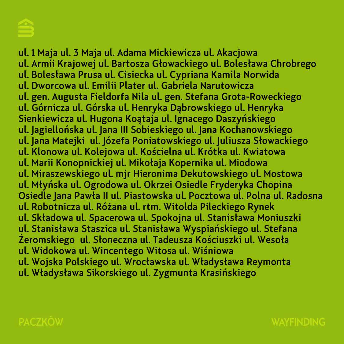 Paczków Wayfinding — all city streets set in the condensed variant