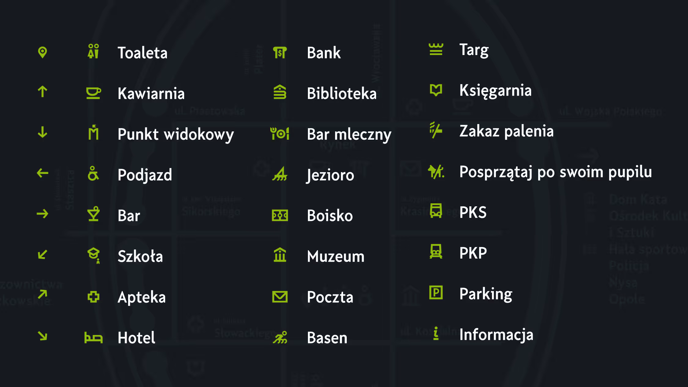Paczków Wayfinding — condensed letterforms and pictograms side by side