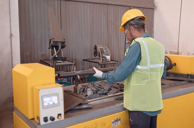 Worker wearing a yellow hard hat and safety vest handling metal pipes near industrial machinery in a factory.