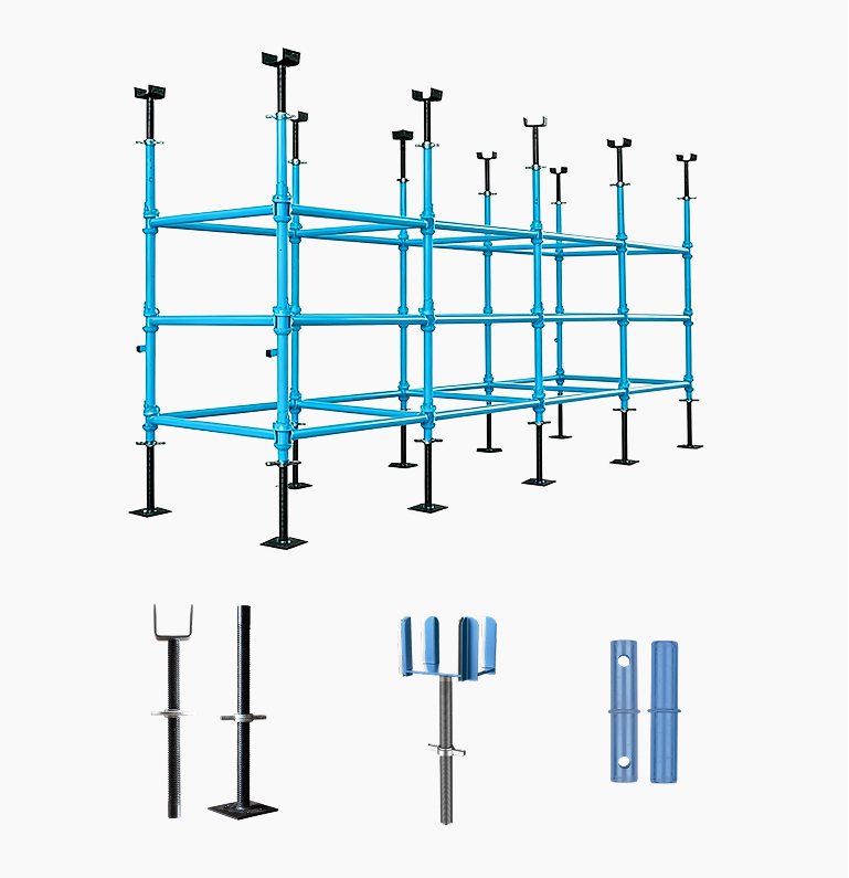 Blue and black modular scaffolding structure with separate images of adjustable metal support jacks and connectors below.