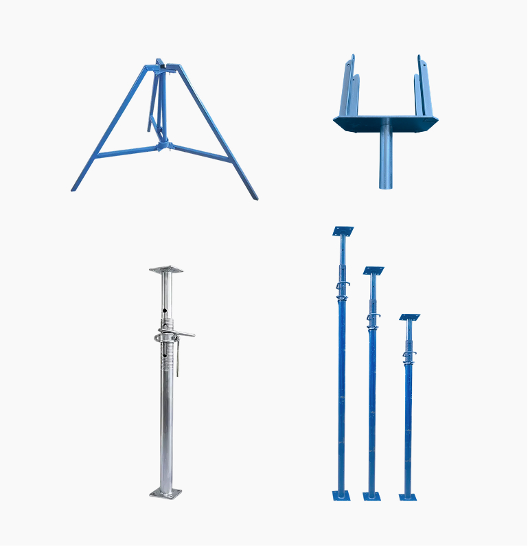 Four blue adjustable metal construction props and tripod supports of varying designs and sizes on a white background.