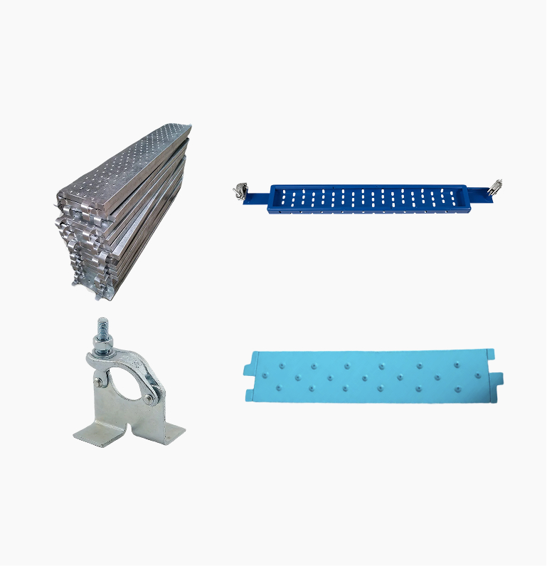 Four different metal scaffolding parts including stacked planks, a blue plank with holes and clips, a blue foot plate, and a metal clamp.