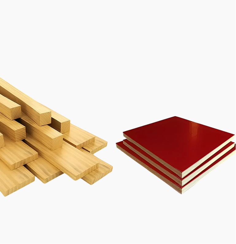 Stack of wooden planks on the left and three red laminated plywood sheets on the right.