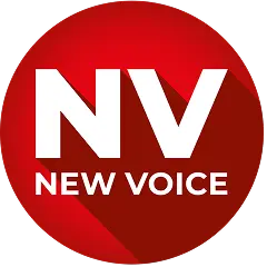 Red circular logo with white letters NV and text New Voice below.