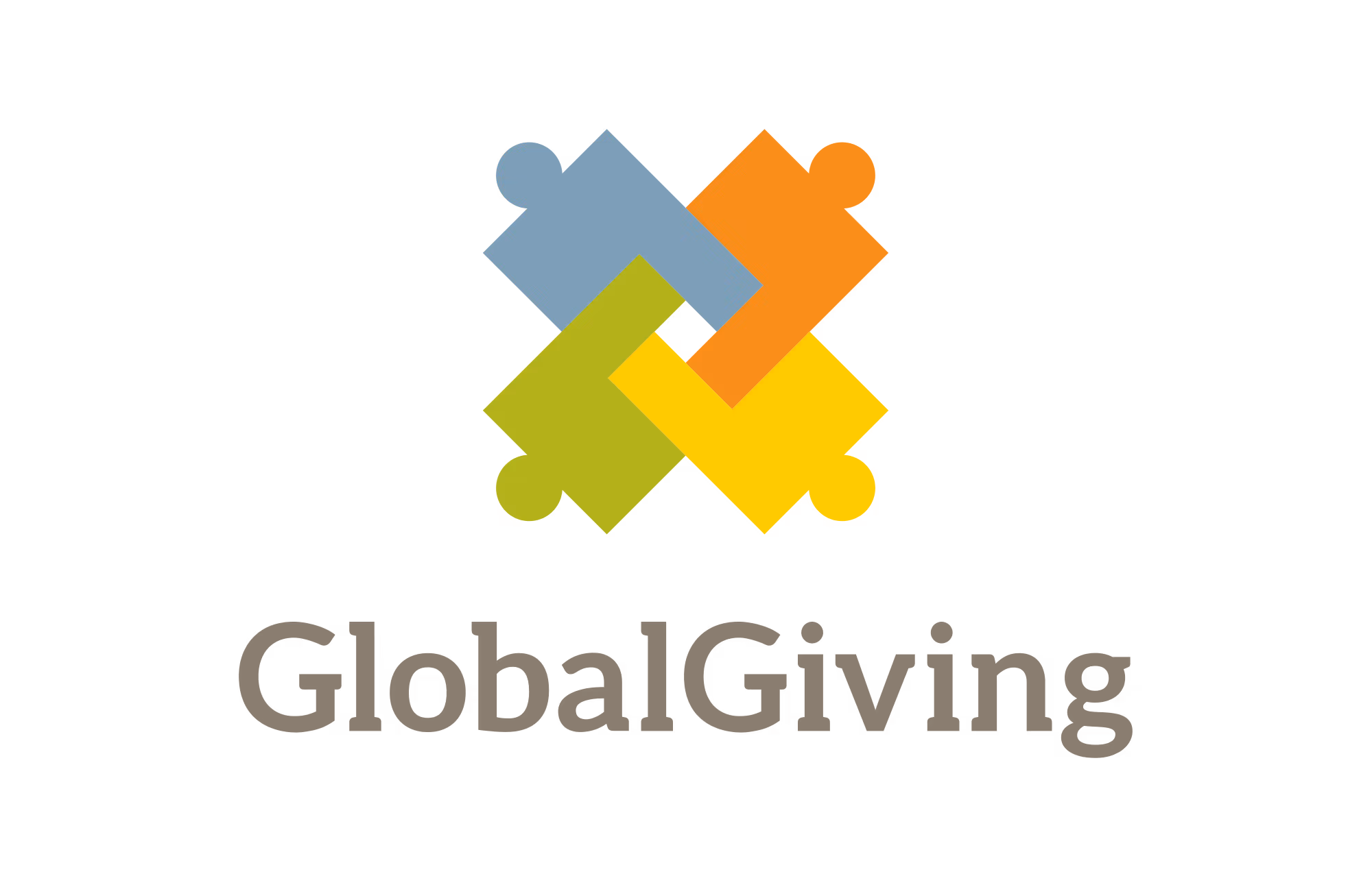 Logo with interlocking geometric shapes in blue, orange, and green colors on horizontal orange, yellow, and gray stripes background.