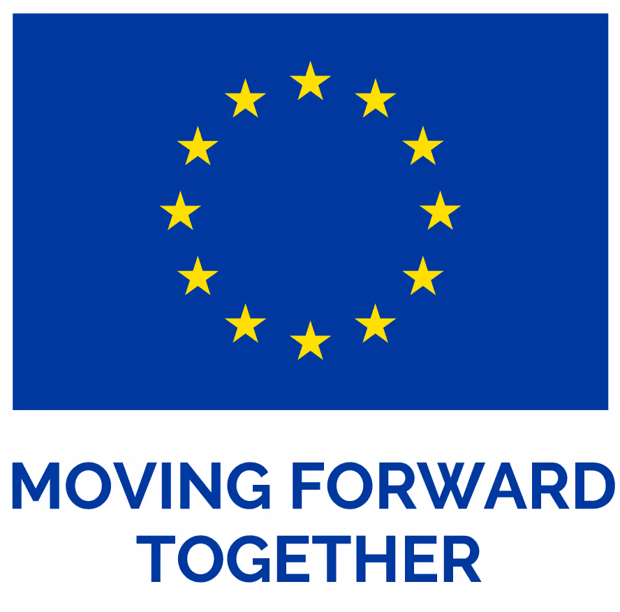 European Union flag with 12 yellow stars in a circle on a blue background above the text 'MOVING FORWARD TOGETHER'.