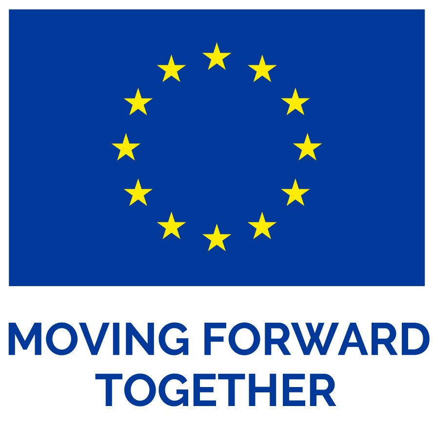 European Union flag with 12 yellow stars in a circle on a blue background above the text 'MOVING FORWARD TOGETHER'.