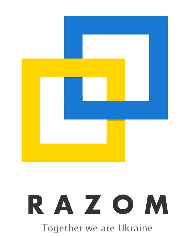 Razom logo with two interlocking squares in yellow and blue and the text 'RAZOM' and 'Together we are Ukraine.'