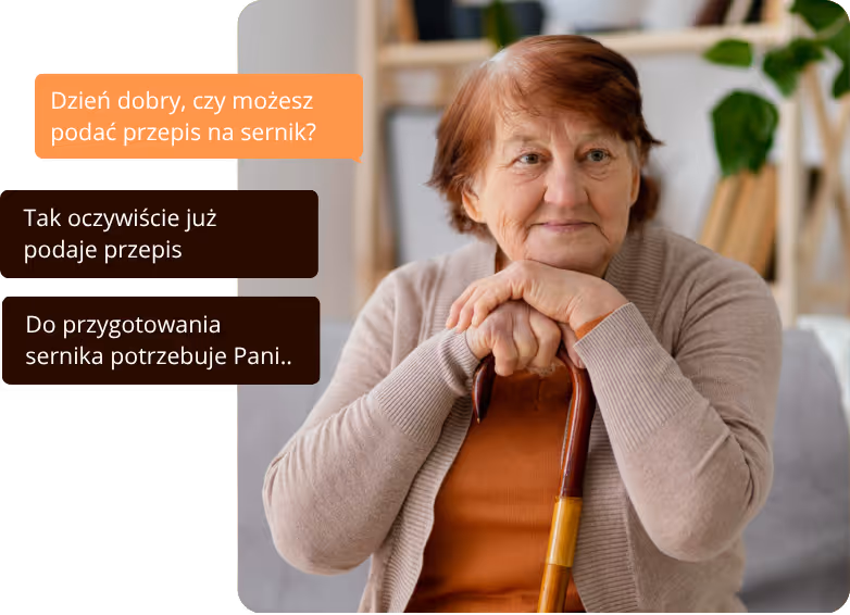 Starsza kobieta opierająca się na laski, obok czego widoczne dymki z tekstem rozmowy o podaniu przepisu na sernik.