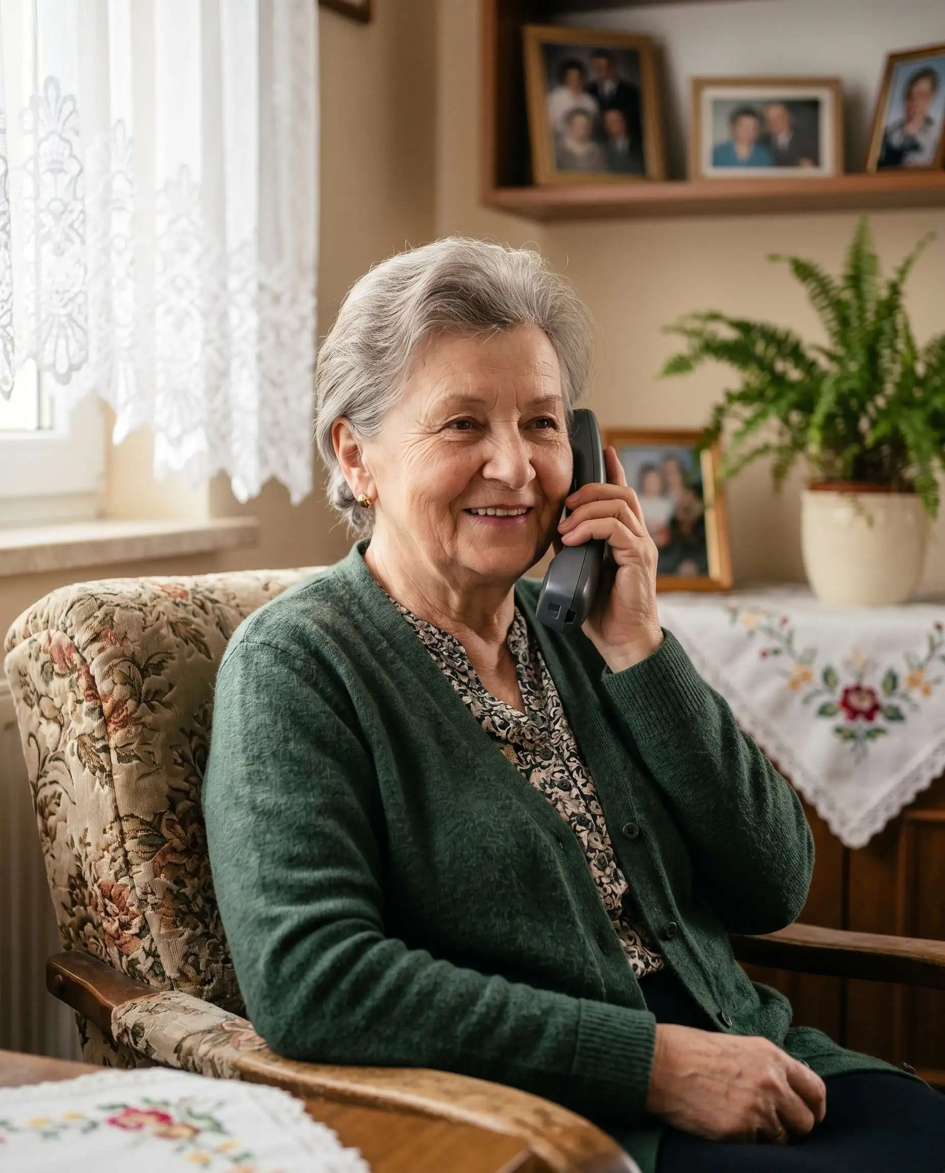 Uśmiechnięta seniorka rozmawiajaca z eOpiekunem