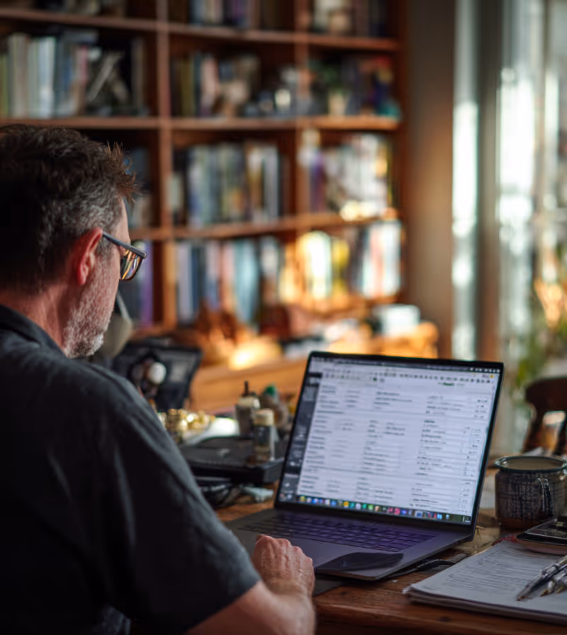 Man with glasses working on a laptop at a wooden desk in a cozy room with bookshelves and natural light.