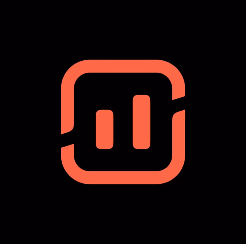 Red digital bar chart icon with two vertical bars inside a rounded square on black background.