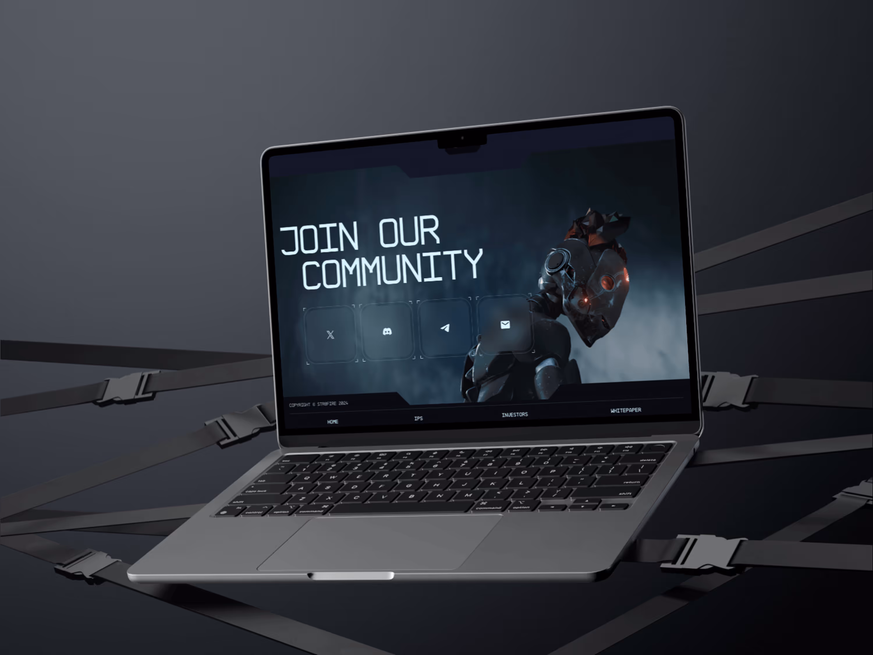 Open laptop displaying a robotic character and text saying 'JOIN OUR COMMUNITY' with social media icons.
