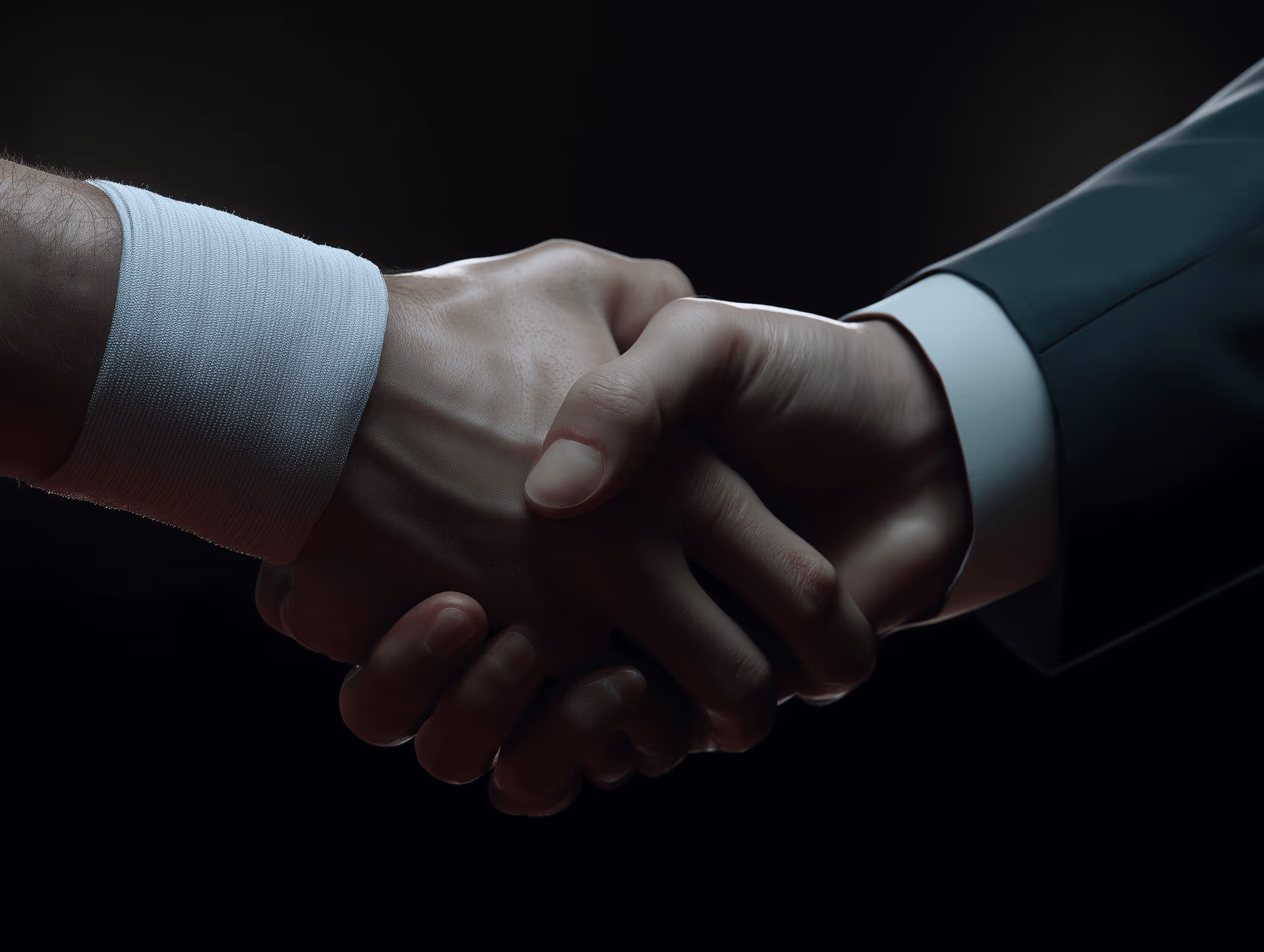 Close-up of a handshake between two people, one wearing a sporty white wristband and the other in a business suit.