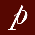 Lowercase italic letter p in white on a dark red square background.