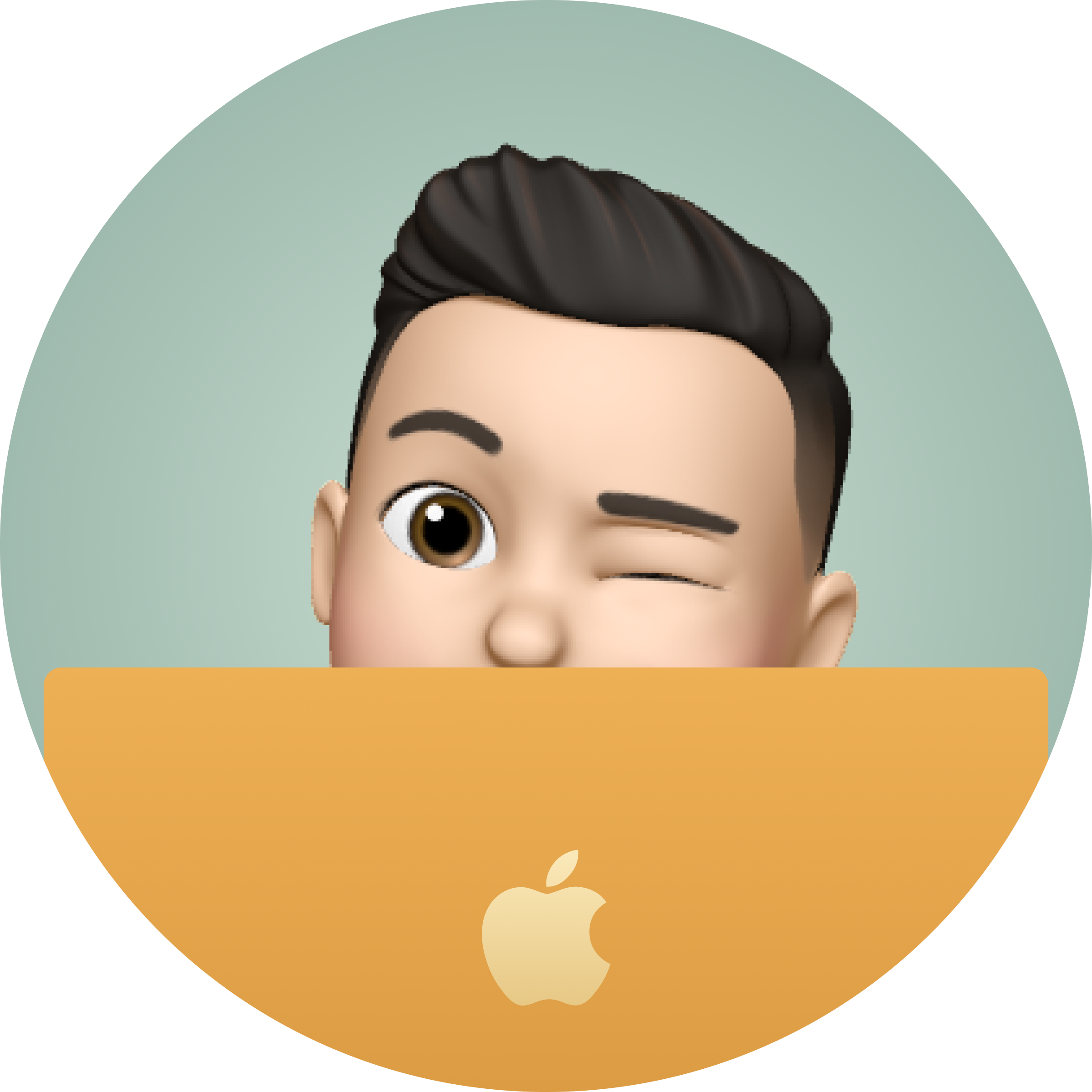 Memoji of a person winking behind an orange laptop with an Apple logo on a green background.